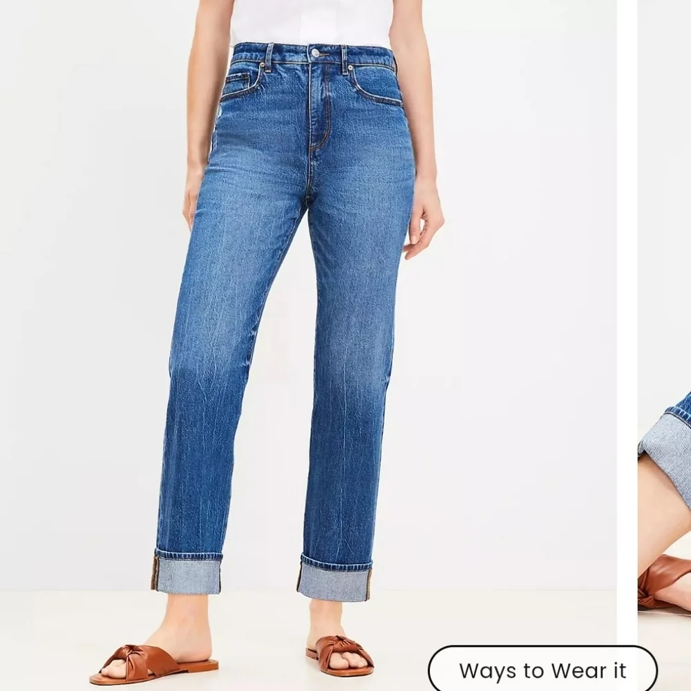 LOFT The Straight Cuffed Medium Blue Women's Jeans High Waist Summer Preppy - Picture 14 of 16